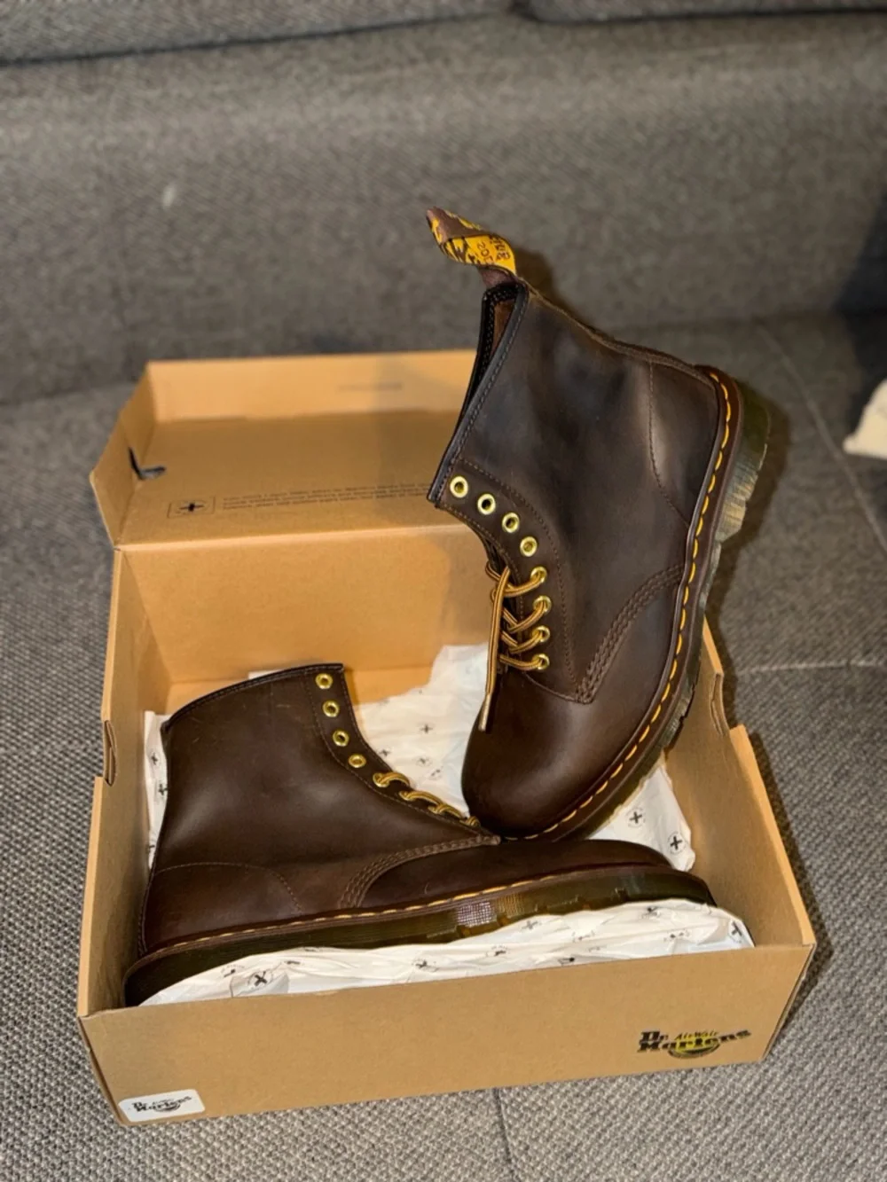 Dr. Martens Men's Dark Brown 6-Eye Leather Boots with Yellow Stitching - Picture 1 of 3